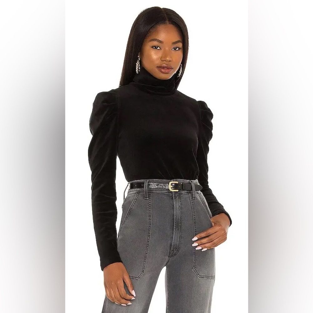 Pam & Gela Revolve Black Velvet Long Sleeve Mock Neck Puff Sleeve Top
